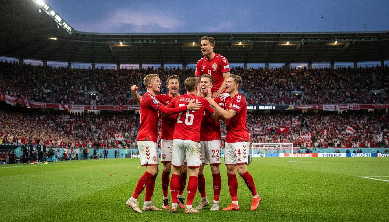 Danish national football team players in red jerseys hug and jump in joy on the pitch after a dominant win against Belarus in an early World Cup 2026 qualifier, with cheering fans in the stadium under evening floodlights.
