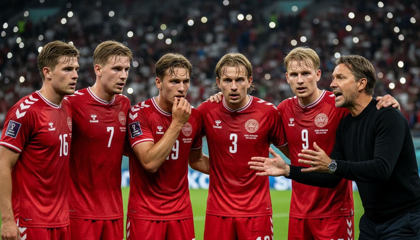 Denmark national football team players in red jerseys huddle tensely during a high-pressure World Cup 2026 playoff match, showing worried faces with coach Brian Riemer gesturing intensely on the sideline under night stadium lights.
