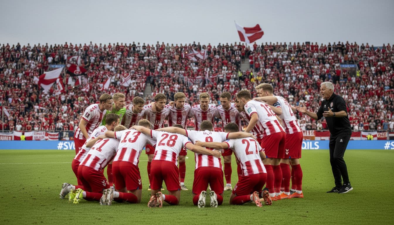 Denmark national football team players form a tense huddle during a late-stage World Cup 2026 qualifier match, with the coach gesturing intensely on the sideline amid a charged stadium atmosphere under an overcast sky.