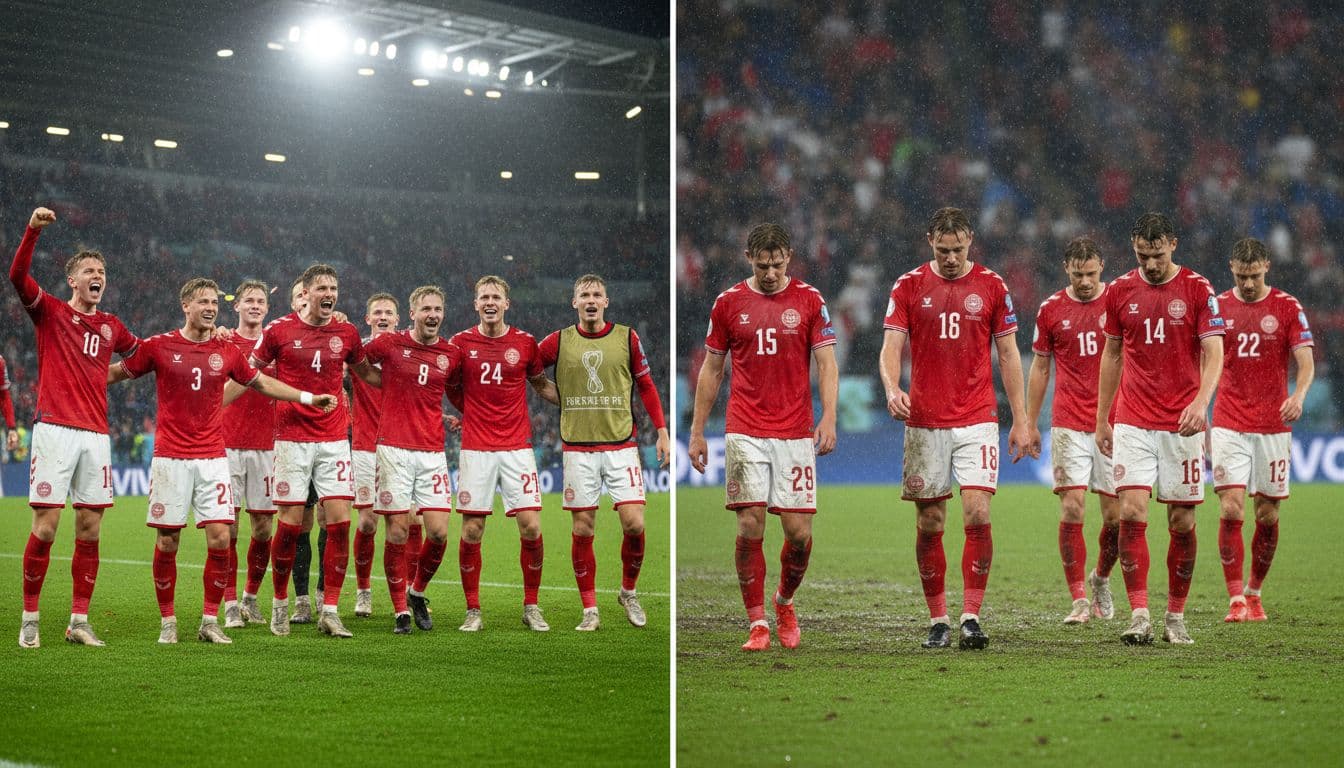 Split composition of Denmark national football team: left side celebrating dominant win in red jerseys on green pitch under stadium lights, right side dejected after loss, realistic sports photography style.