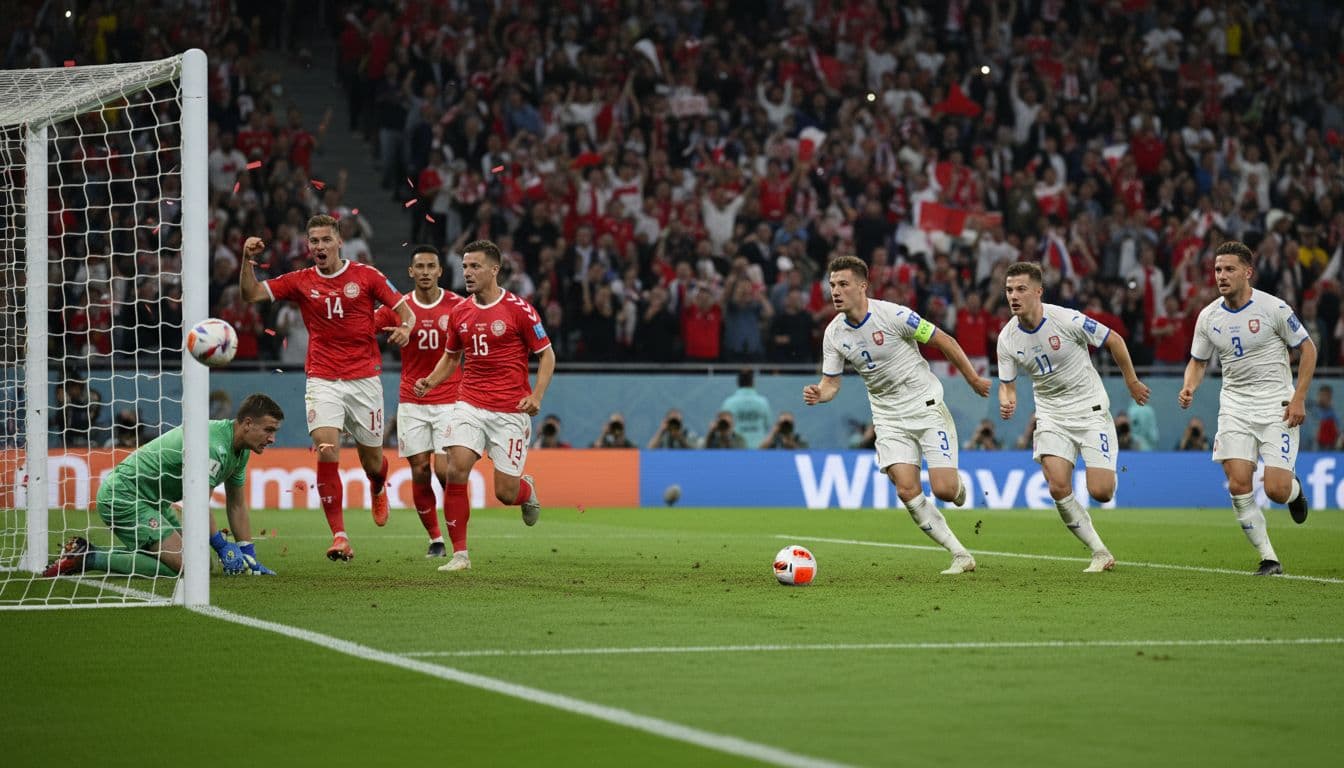 Denmark players in red jerseys celebrate a goal as the ball hits the net, but Czech Republic in white jerseys launches an immediate counterattack on the green pitch during an intense World Cup playoff match under evening floodlights.