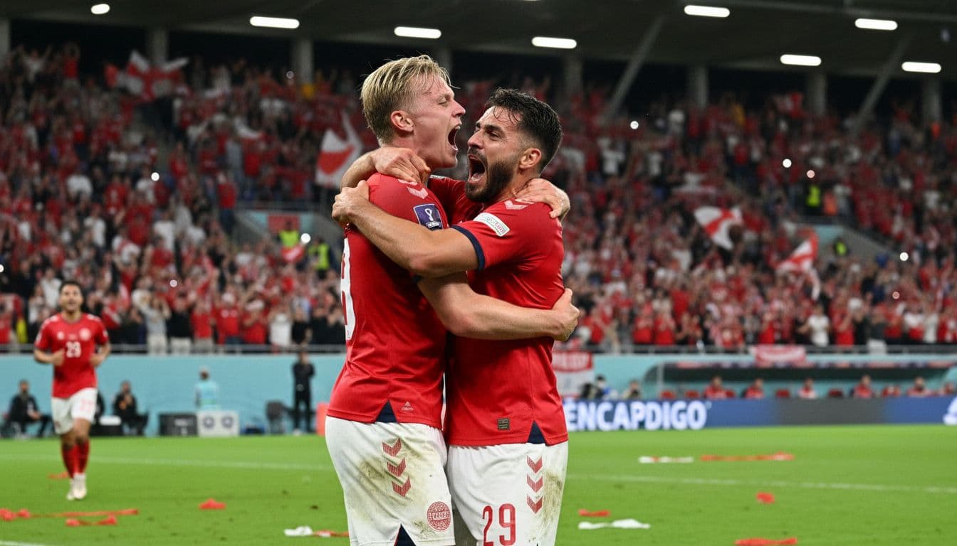 Danish football players in red jerseys hug to celebrate a goal during a tense World Cup 2026 playoff match against Czech Republic at Letna Stadium in Prague at night, with crowd in background and dynamic stadium lighting.