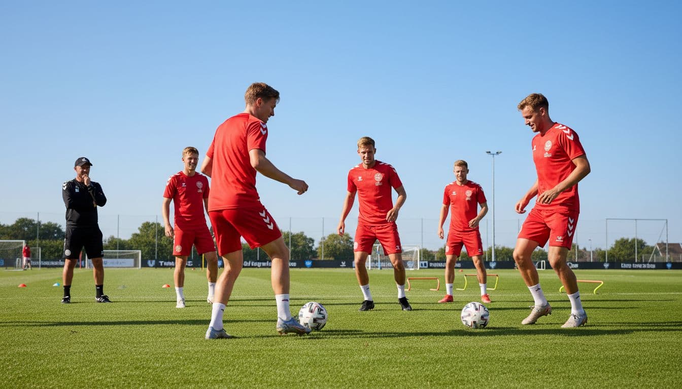 Denmark national football team players training on a green field under clear sky, mixing young and experienced athletes in red jerseys passing the ball in a positive atmosphere, with coach watching from the side.