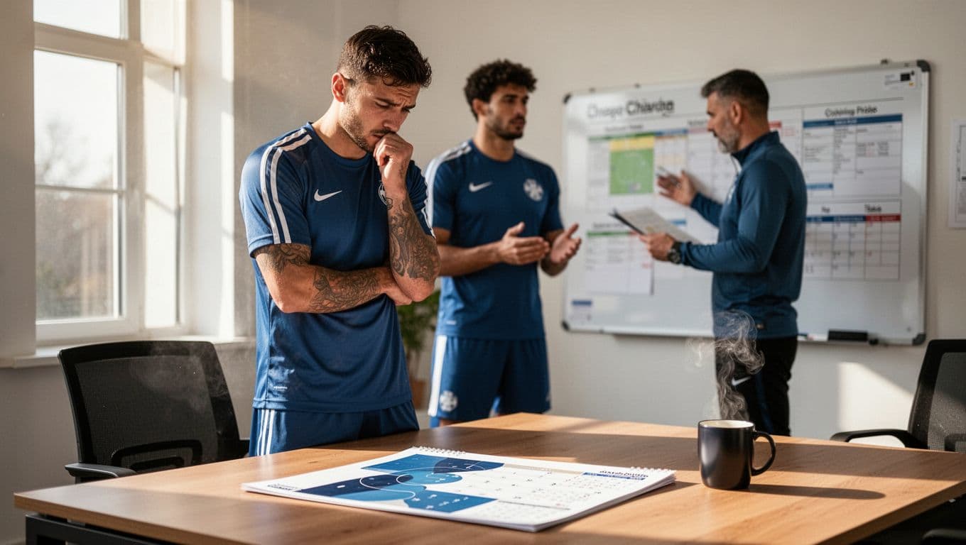 Desk calendar shows packed Ligue 1 matches with abstract dates; background features one fatigued player training intensely and blurred coach at whiteboard.