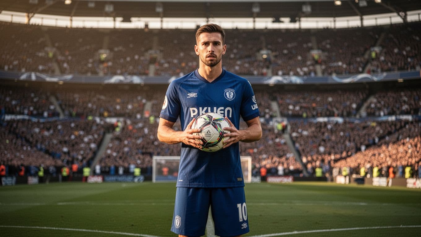 Seorang pemain mengenakan seragam biru memegang bola di tengah lapangan stadion besar yang ramai. Tatapannya fokus mencari rekan setim dengan latar belakang tribun penonton yang tampak buram dalam cahaya sore.