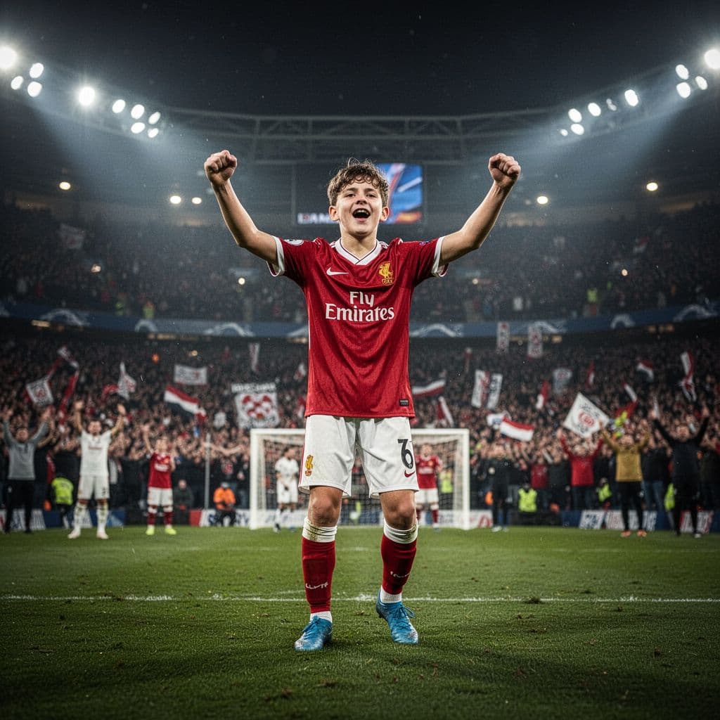 Young soccer player Désiré Doué celebrates a goal on a packed stadium field at night with dramatic lighting.