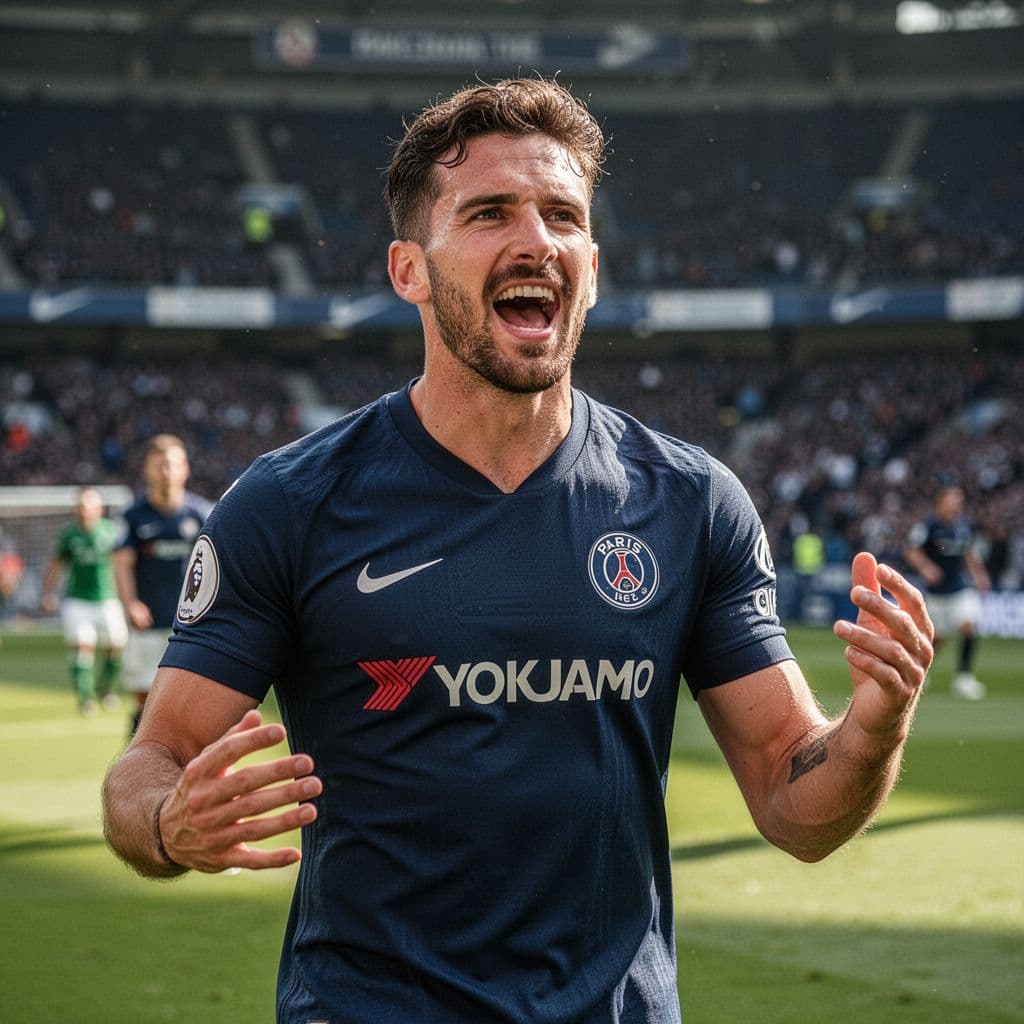 Close-up of footballer in navy blue jersey celebrating goal on stadium pitch in bright afternoon light.