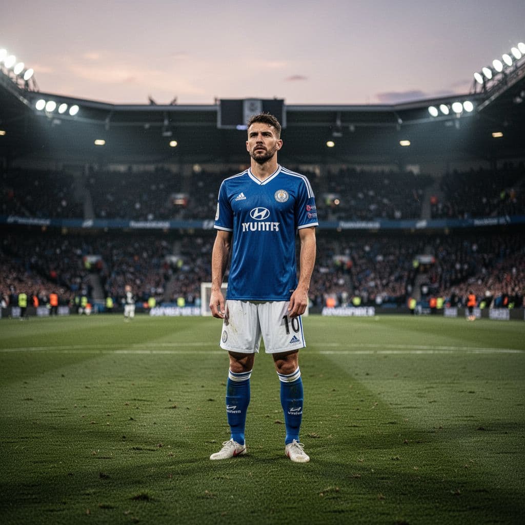 Determined player in blue-white kit on football pitch at dusk, blurred stadium crowd behind.
