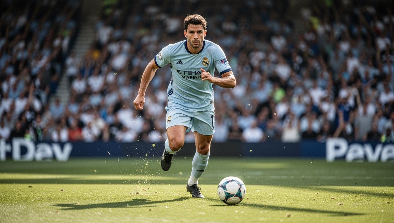 A focused professional soccer player sprints across a vibrant green pitch during a tense match. The blurred stadium crowd creates a dramatic backdrop, emphasizing the athlete's intense concentration and competitive drive.