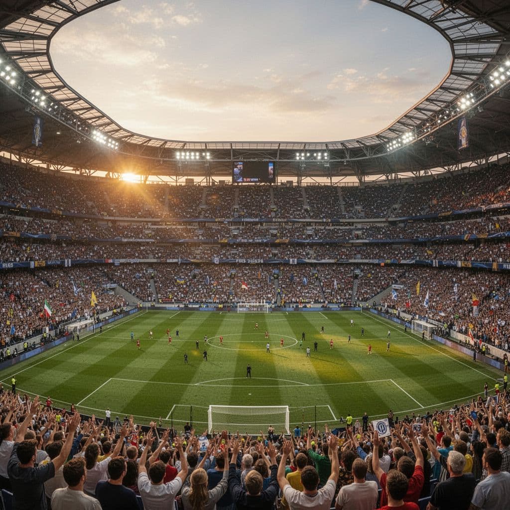 A crowded football stadium illuminated by the warm light of a setting sun.