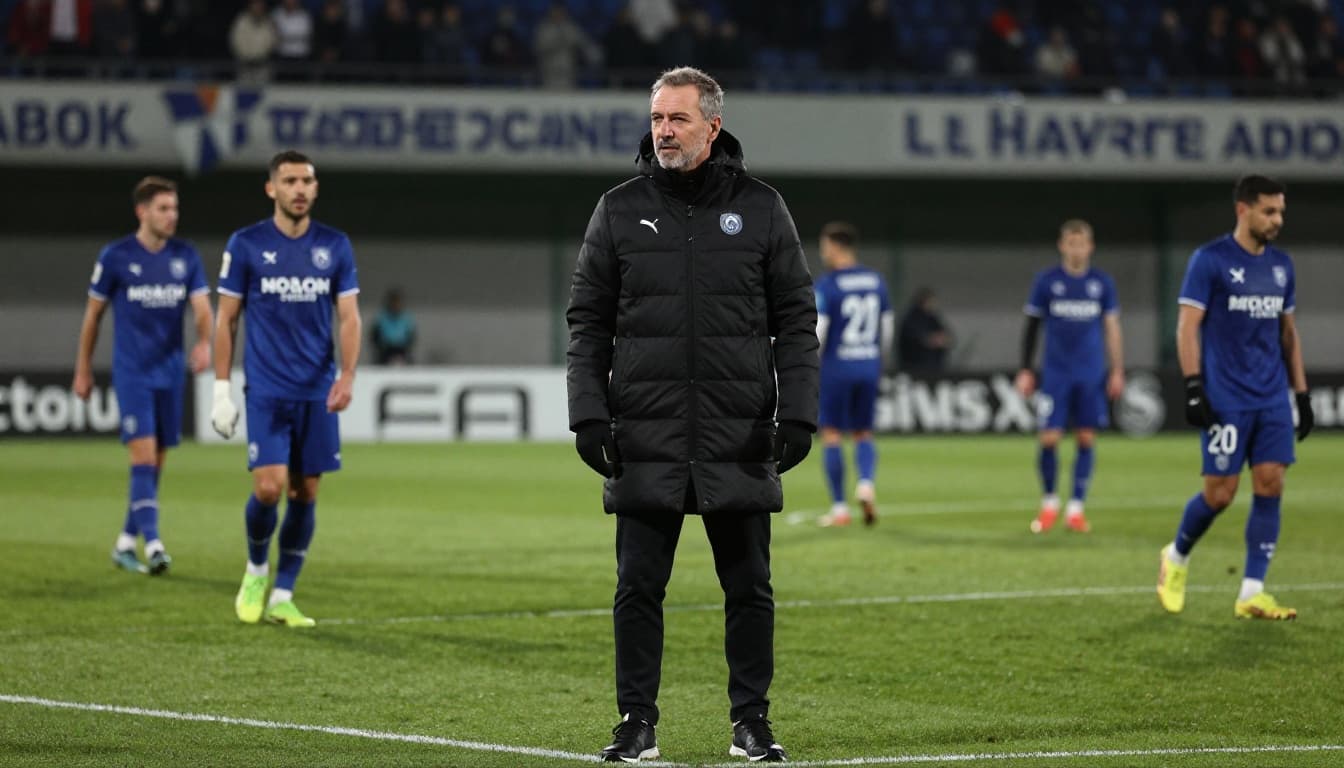 Didier Digard stands on Stade Oceane sideline at night in black suit, hands in pockets, watching team in compact formation with lit stands behind.