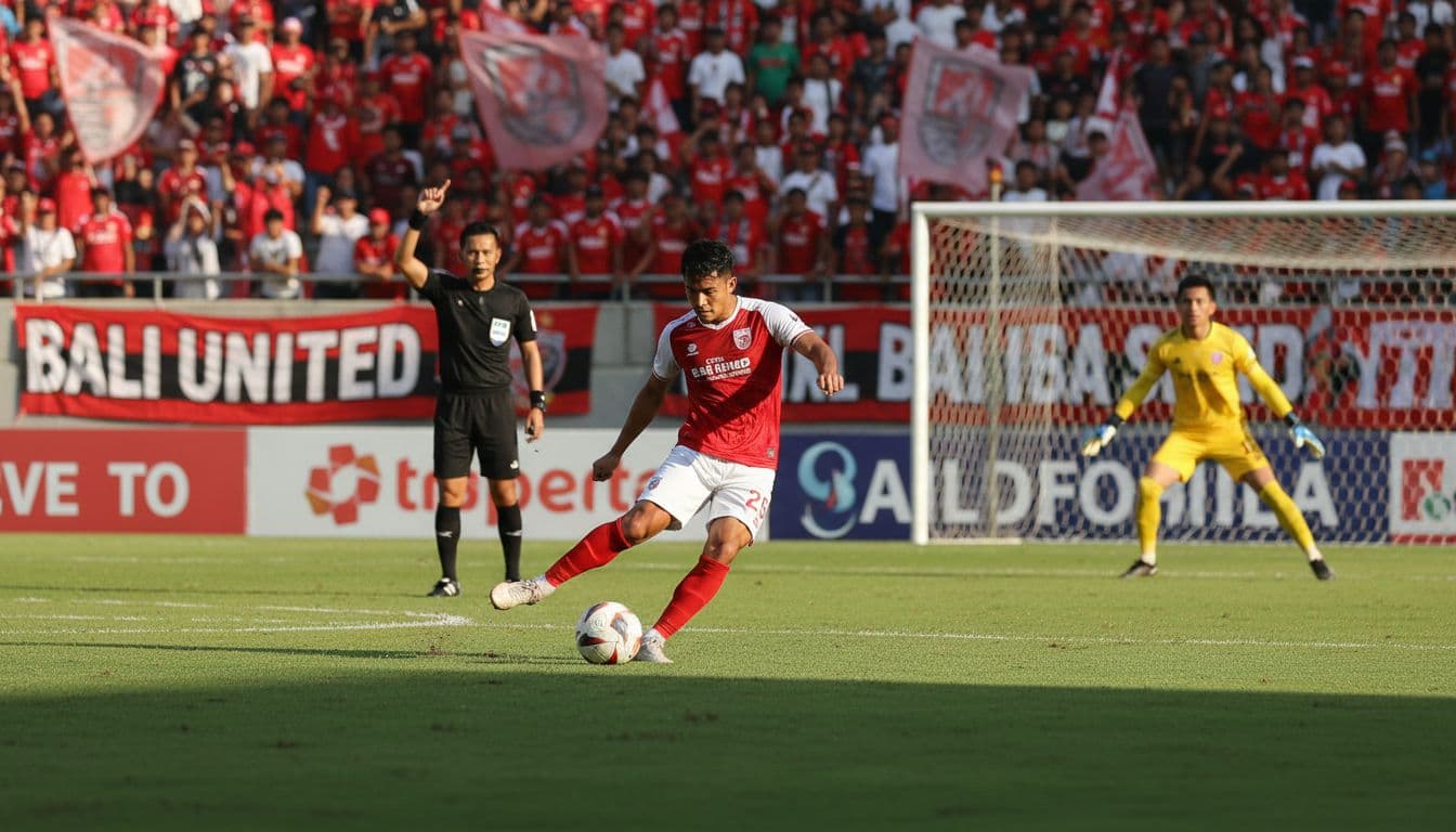 Diego Campos kicks penalty on green soccer field, referee whistles behind, goalkeeper ready, Bali United fans in stands.