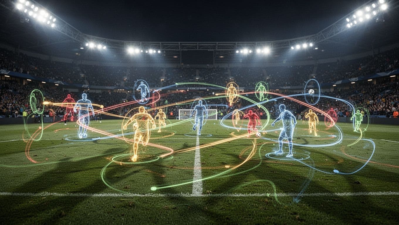 Glowing blue data points and illuminated tactical lines float above the lush green grass of a stadium pitch at night. These digital layers create a sophisticated analytical visualization of player movement.