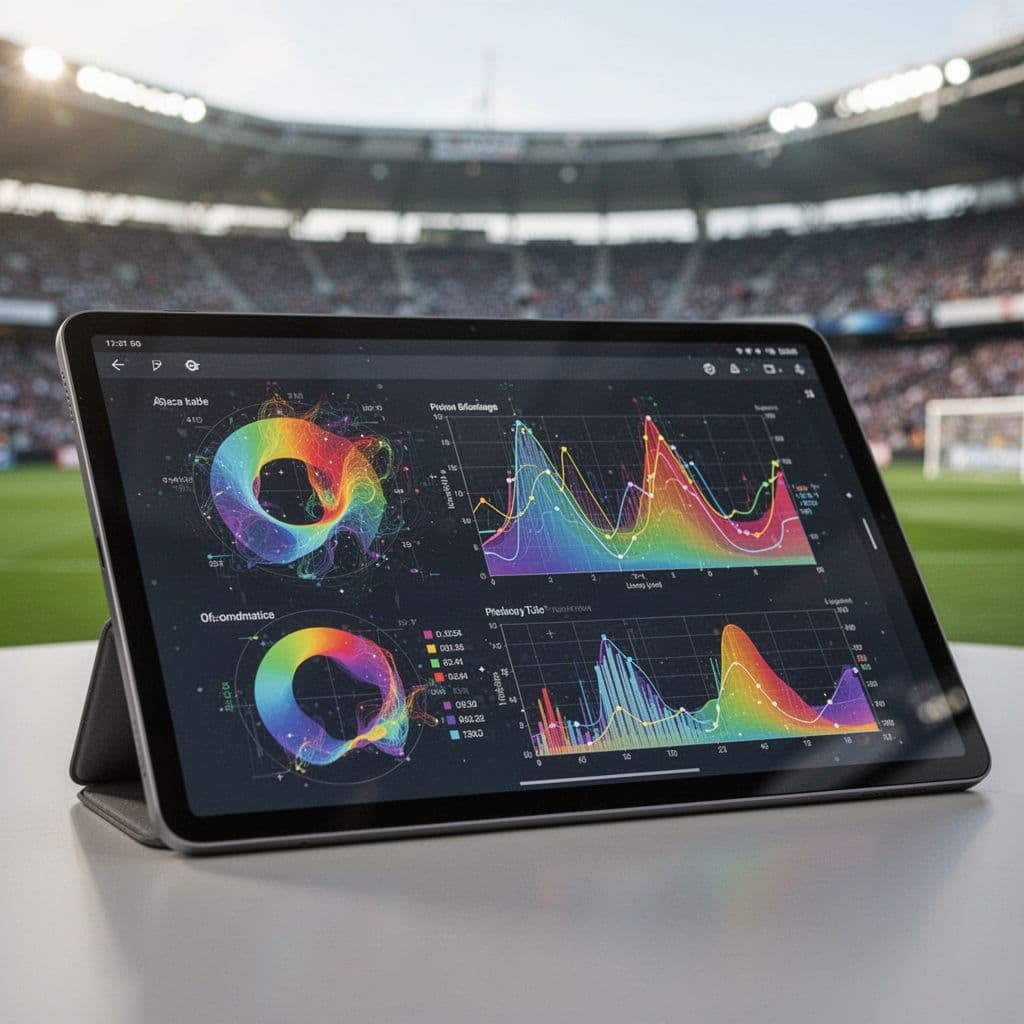 A digital tablet screen displaying colorful abstract football statistics with a blurred stadium in the background.