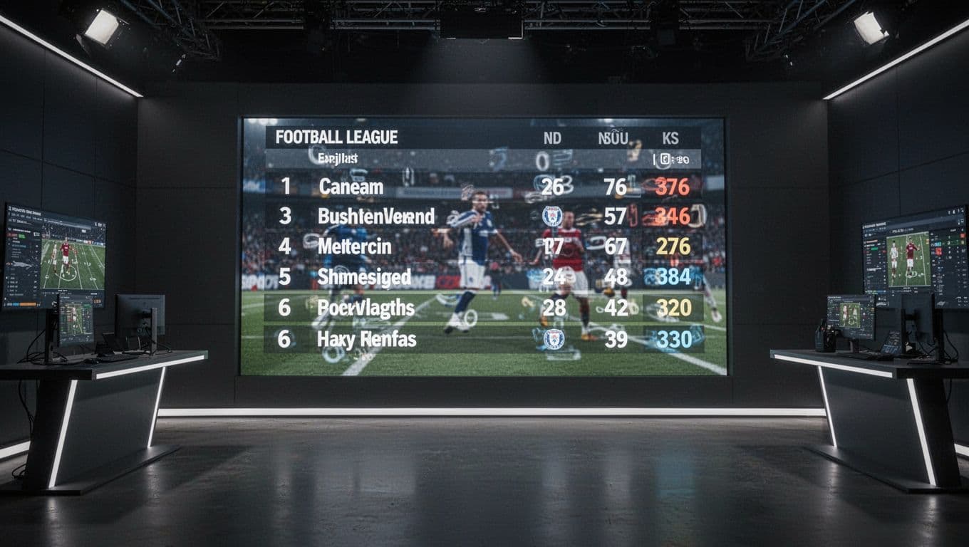 A glowing digital leaderboard displaying group football rankings hangs within a sleek, dark sports analysis studio. The screen illuminates the surrounding space with soft blue and white light, highlighting competitive statistics.