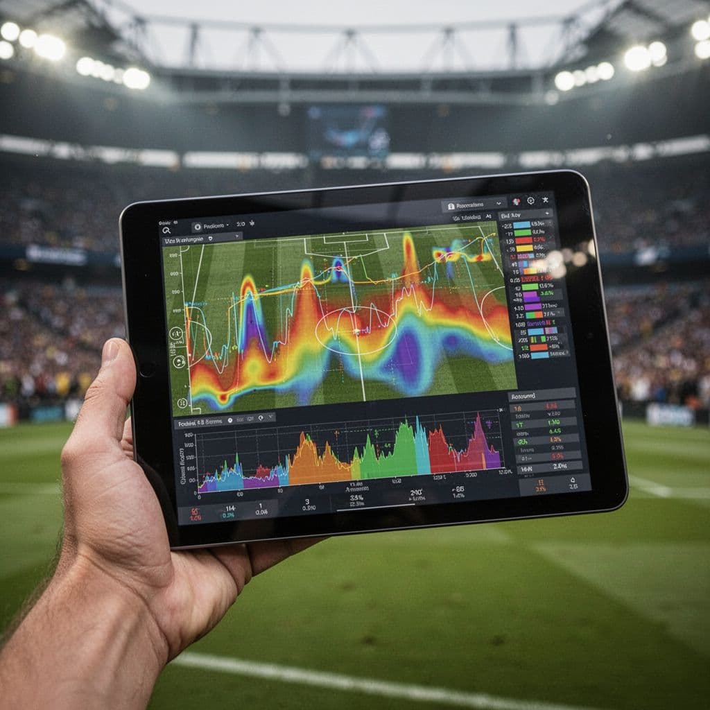 A close-up view of a tablet displaying colorful heat maps and possession percentages. A person holds the device in a crowded, blurred stadium, highlighting professional sports performance evaluation and game metrics.