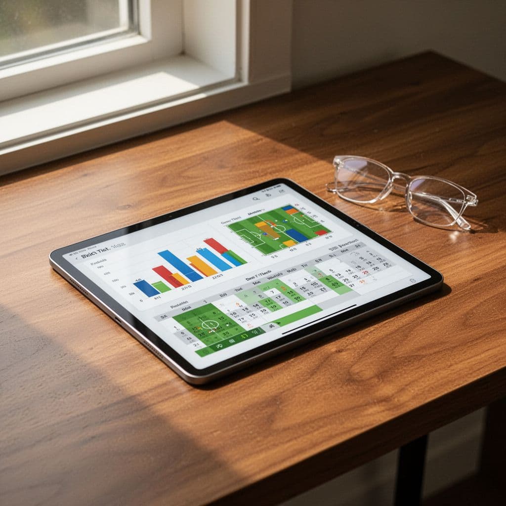 A digital tablet showing soccer match schedules and performance charts sits on a wooden desk with glasses.