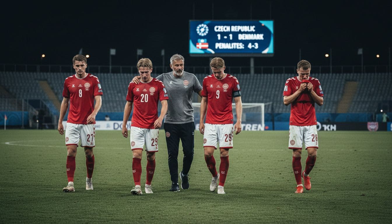 Disappointed Danish football players, heads down, walk off the pitch at Letna Stadium under night lights after losing on penalties to Czech Republic in World Cup 2026 playoff, with coach consoling them in an emotional scene.