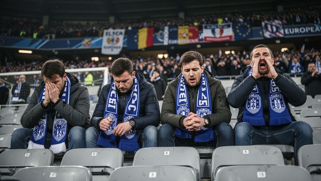 Disappointed Eintracht Frankfurt fans hold scarves in stadium stands, some heads down others chanting, blurred European banners in evening background.