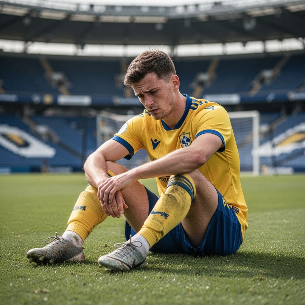 Close-up of disappointed player in yellow-blue kit sitting on football pitch grass, blurred stadium stands behind.