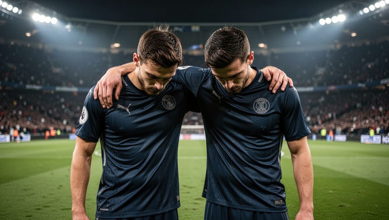 Two SC Internacional soccer players stand with heads down and arms around shoulders on the green Beira-Rio pitch at night, blurred crowd in background.
