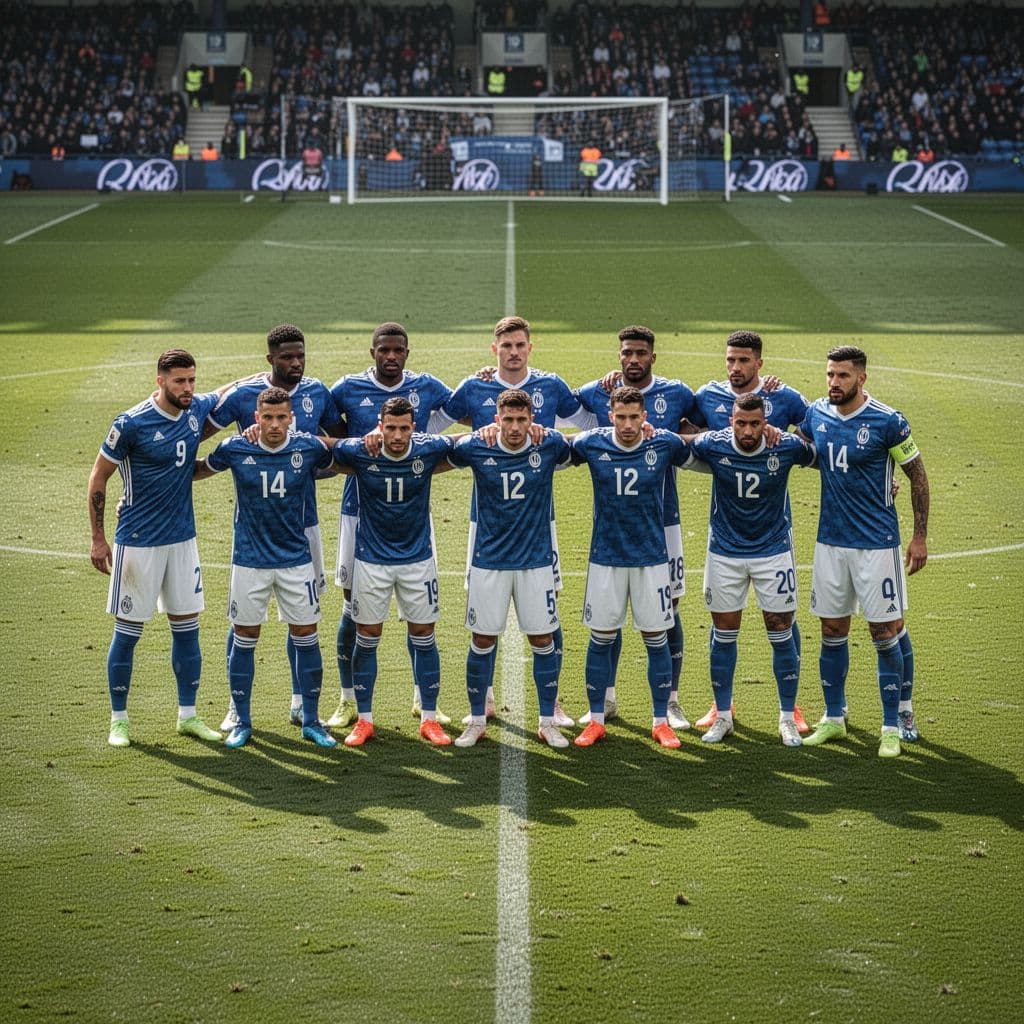 Eleven football players stand in a tight, organized defensive line on a grassy pitch.