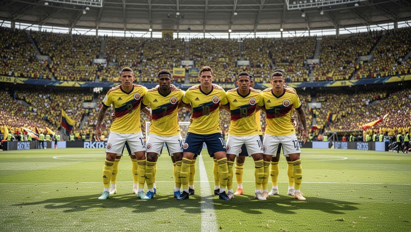 Para pemain sepak bola Kolombia berdiri dalam formasi pertahanan yang tertata rapi di atas rumput stadion besar. Di latar belakang, penonton yang antusias memenuhi tribun saat suasana pertandingan tampak sangat intens.