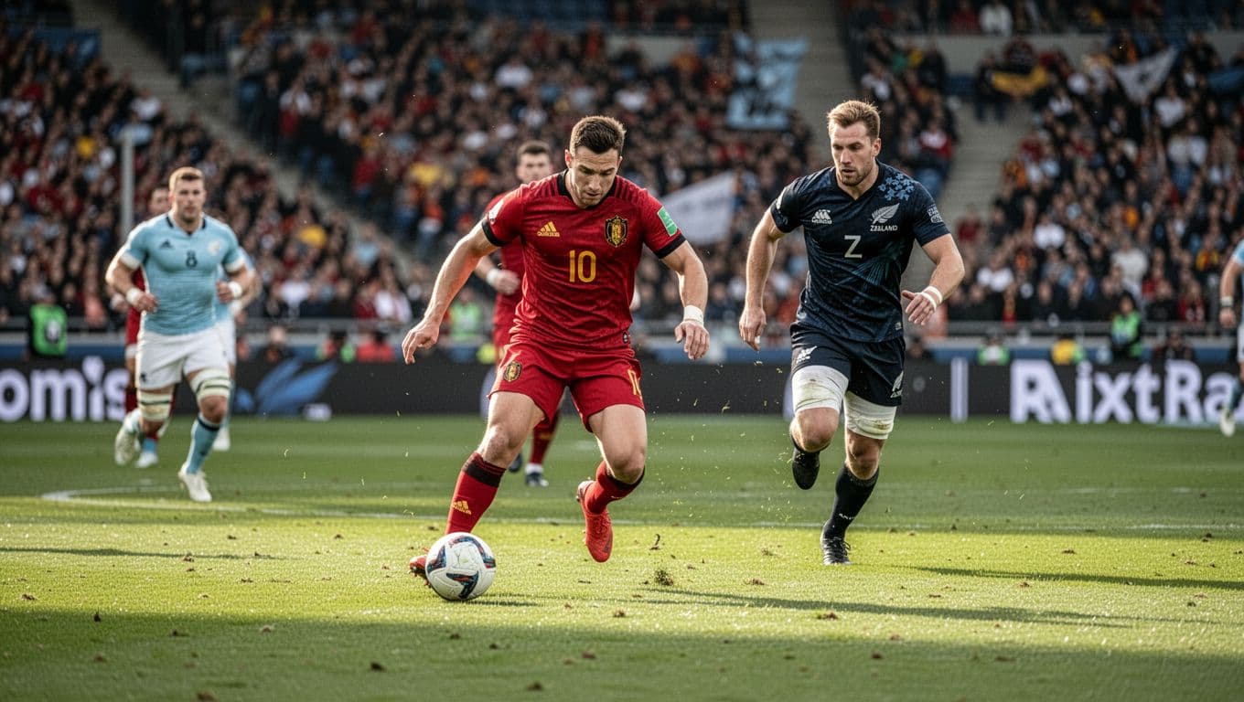 Pemain timnas Belgia berseragam merah menggiring bola di area tengah lapangan rumput hijau yang luas. Seorang atlet Selandia Baru tampak berusaha mengejar dengan intens untuk menghalau laju serangan lawan tersebut.
