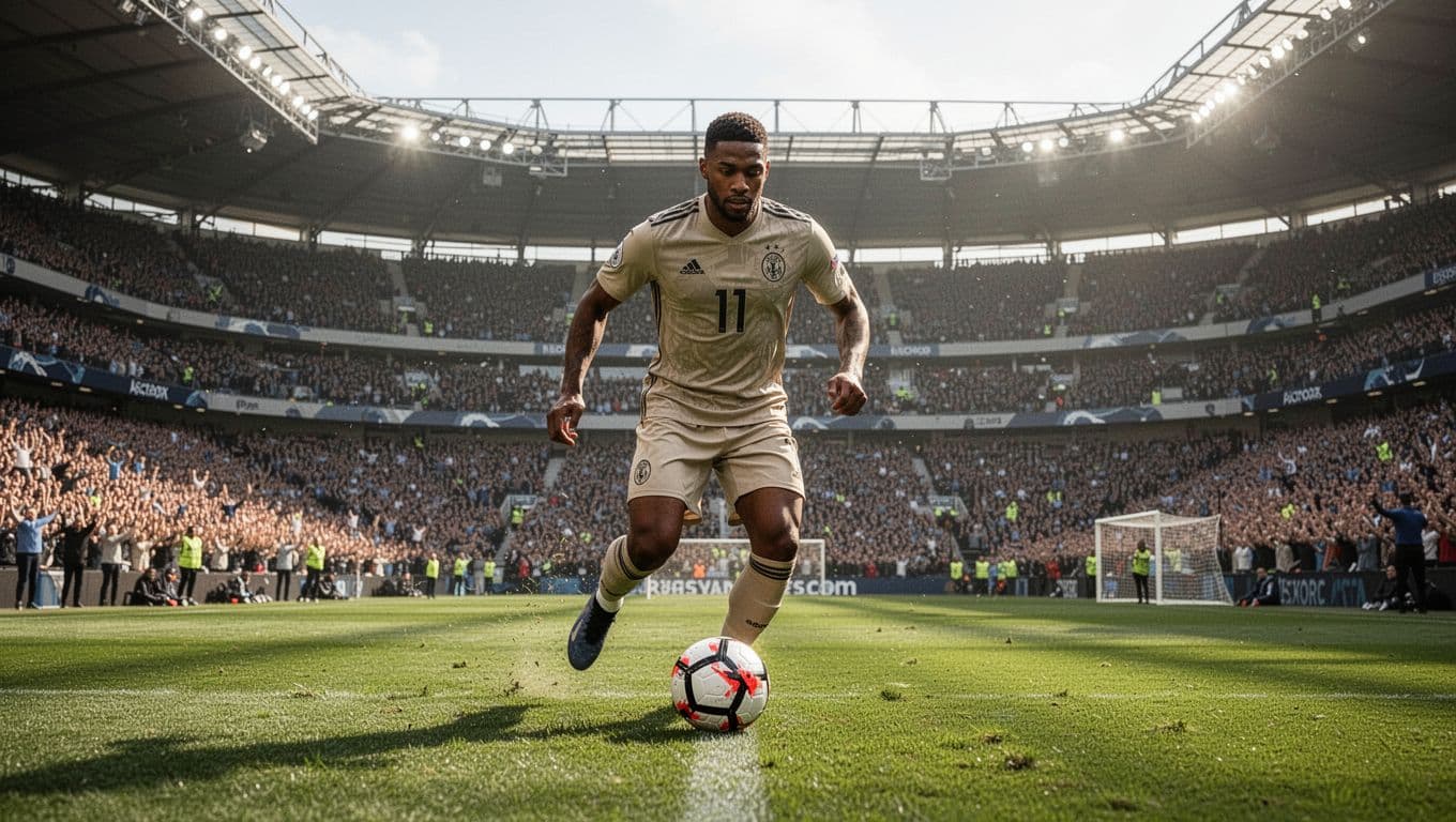 Seorang pemain sepak bola profesional Prancis fokus menggiring bola di lapangan rumput hijau. Latar belakang menampilkan stadion megah yang penuh sesak oleh penonton dengan pencahayaan alami yang sangat terang dan tajam.