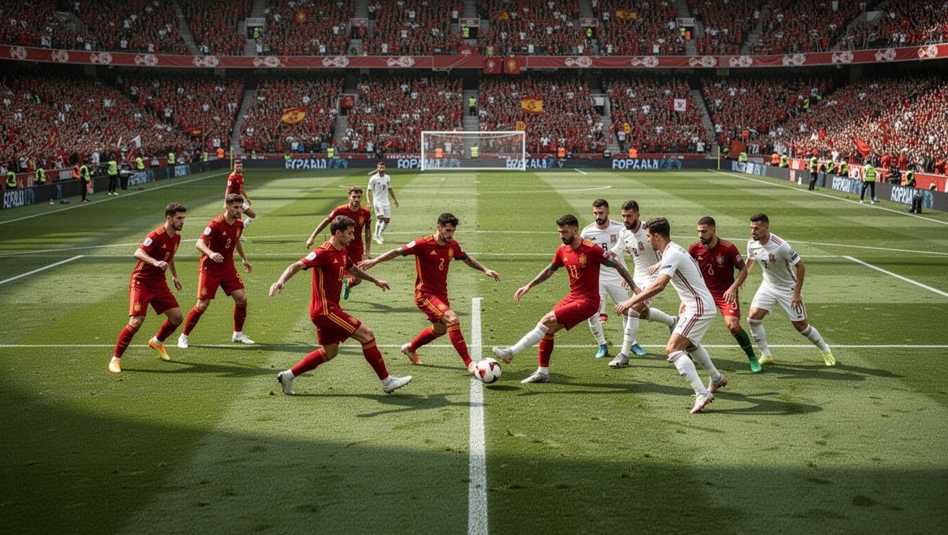 Pemain timnas Spanyol berseragam merah melakukan operan bola di area tengah lapangan, sementara pemain Portugal berbaju putih berusaha membayangi dengan ketat. Stadion megah terlihat penuh oleh antusiasme para pendukung penonton.