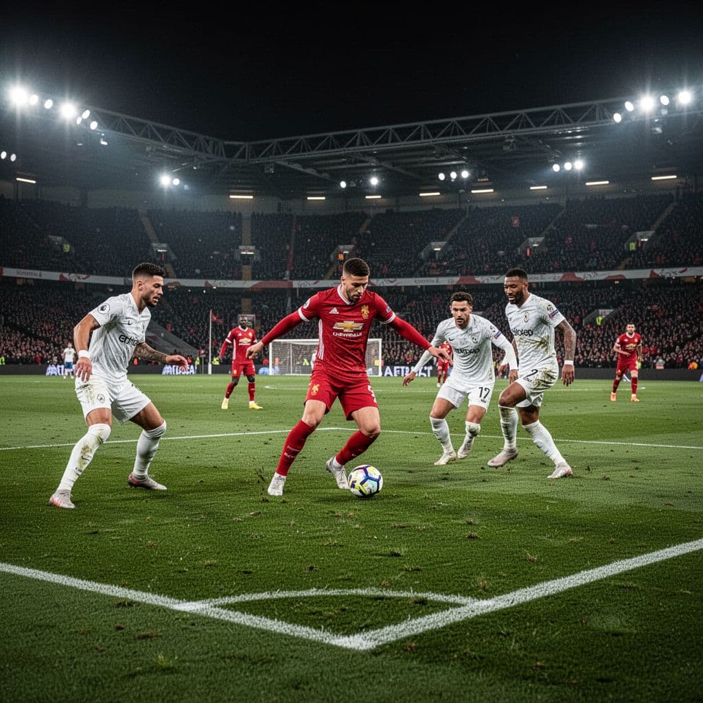 Pemain sepak bola berseragam merah menggiring bola di dalam kotak penalti di bawah sorotan lampu stadion malam hari. Dua pemain bertahan putih berusaha menghalangi pergerakan di atas rumput hijau yang terang.