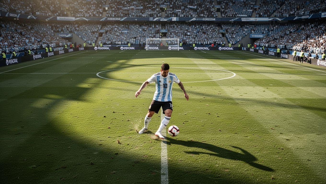 Pemain tim nasional Argentina menggiring bola di tengah lapangan hijau yang terang. Perspektif sudut pandang tinggi ini memperlihatkan gerakan strategis para pemain saat mereka mendominasi alur permainan di area pertandingan.