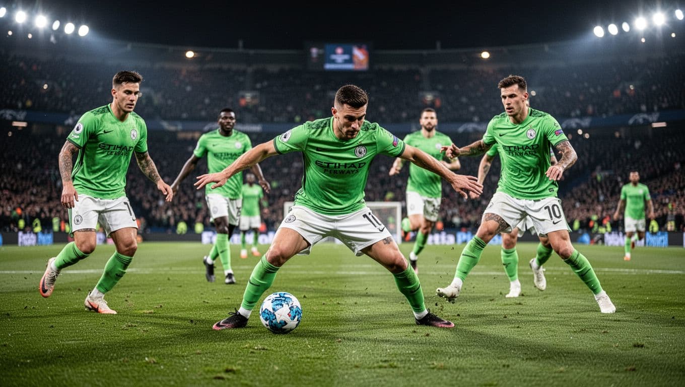 Seorang pemain timnas Senegal berseragam hijau melakukan tekanan ketat di tengah lapangan hijau yang terang. Latar belakang stadion malam hari tampak samar dengan penonton yang memenuhi tribun di kejauhan.