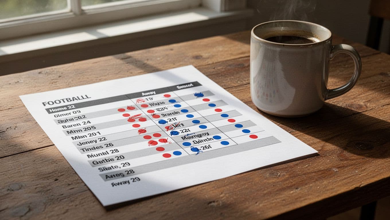 Printed Borussia Dortmund Bundesliga schedule on wooden table, marked red for home games and blue for away, dense dates nearby, coffee mug beside.
