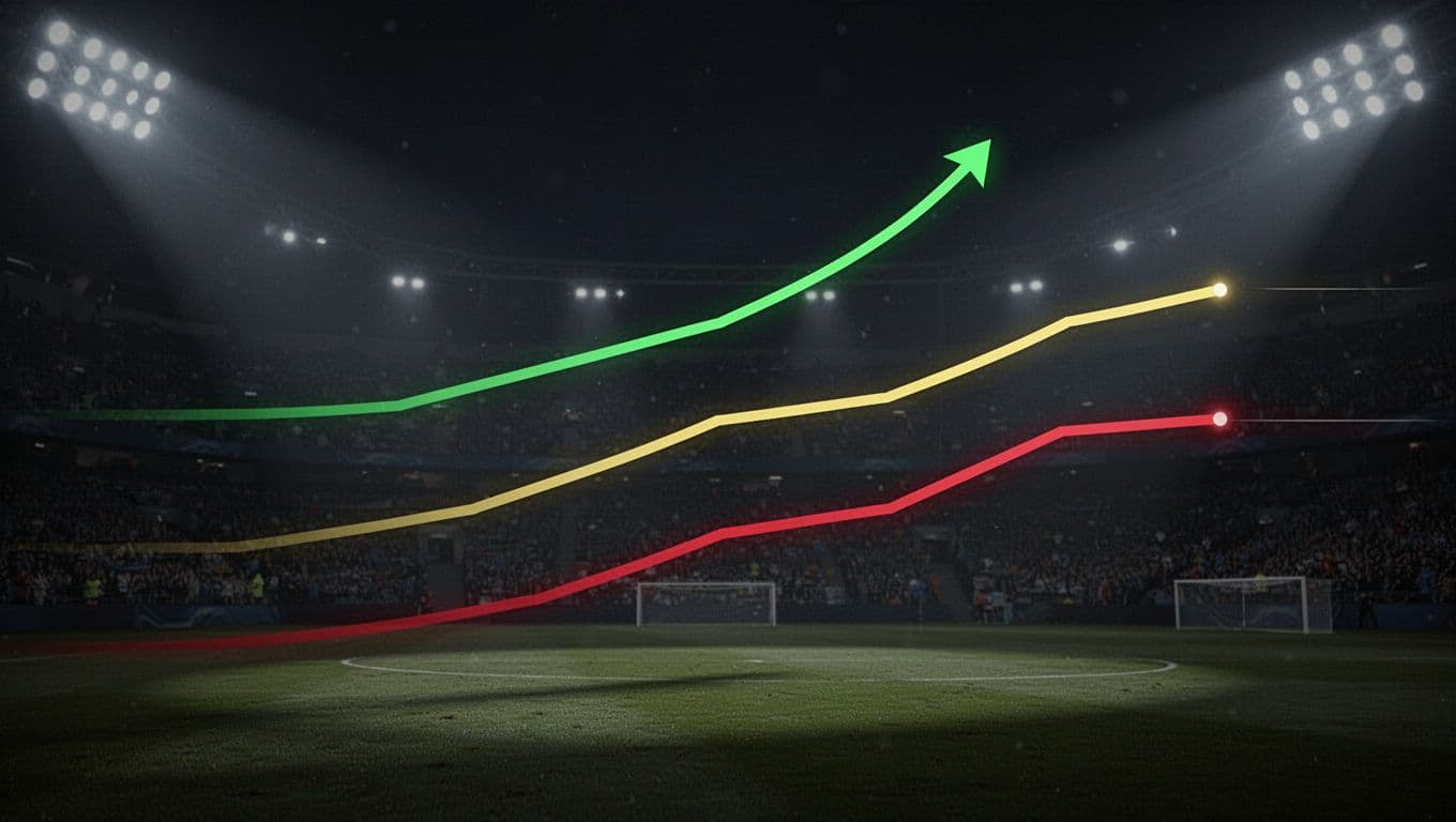 Line chart with rising green wins line, flat yellow draws line, dipping red losses line over 10 games on dark background with faint stadium lights.