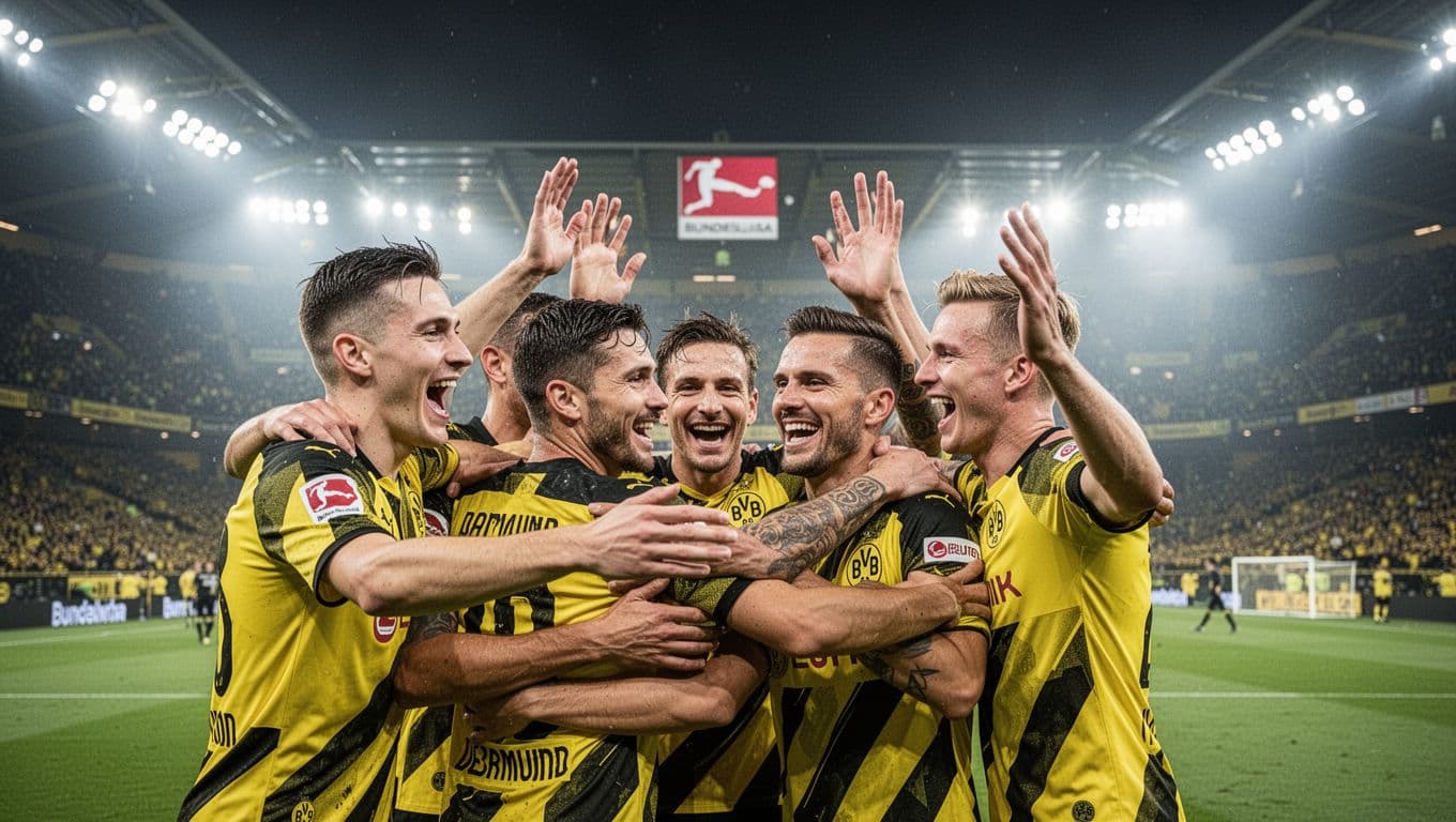 Five Borussia Dortmund players embrace joyfully in close-up, hands raised, under dramatic night stadium lights with light fog.