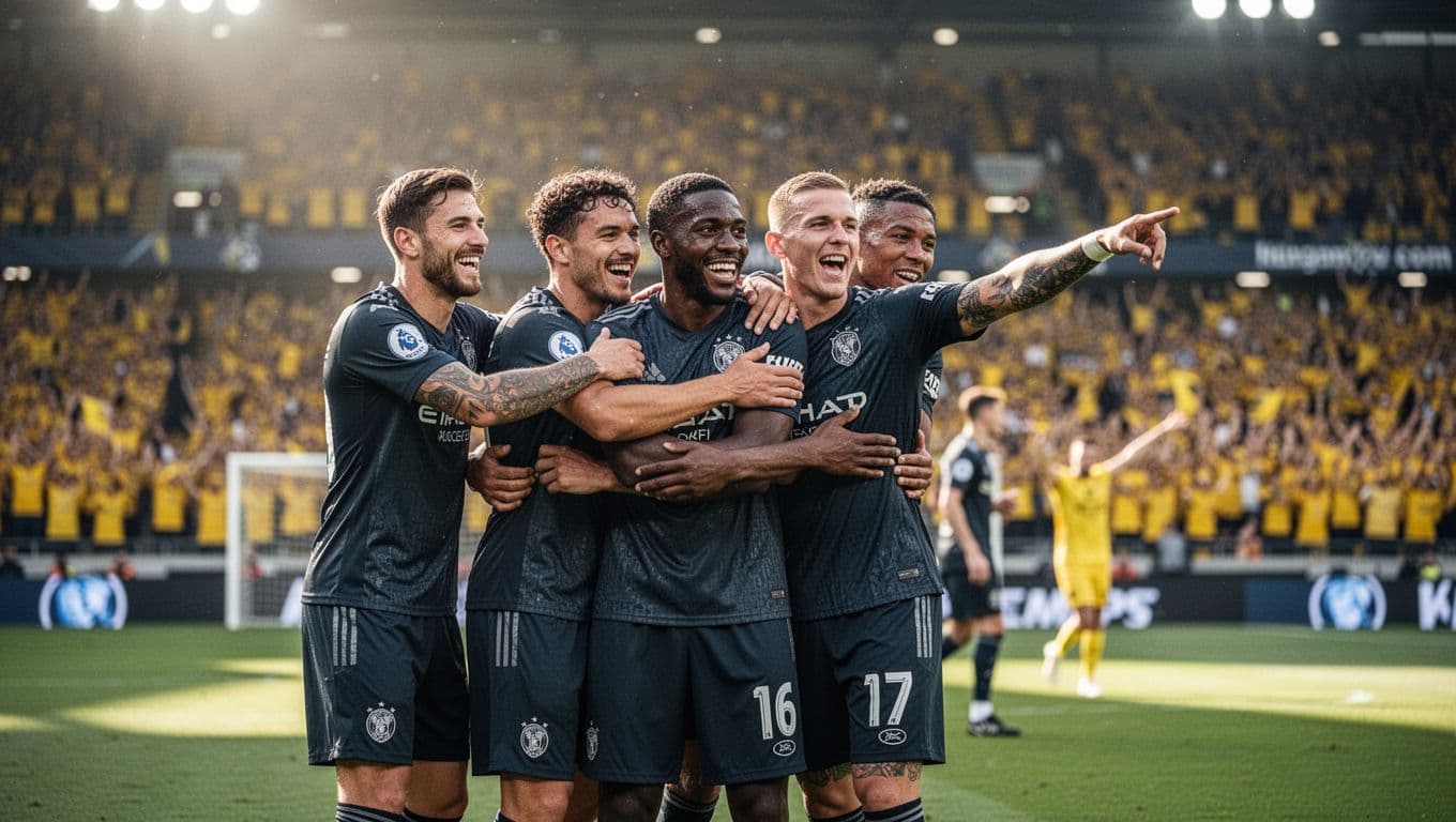 Five Dortmund players hug joyfully after a goal, one pointing to yellow wall crowd, stadium blurred behind.