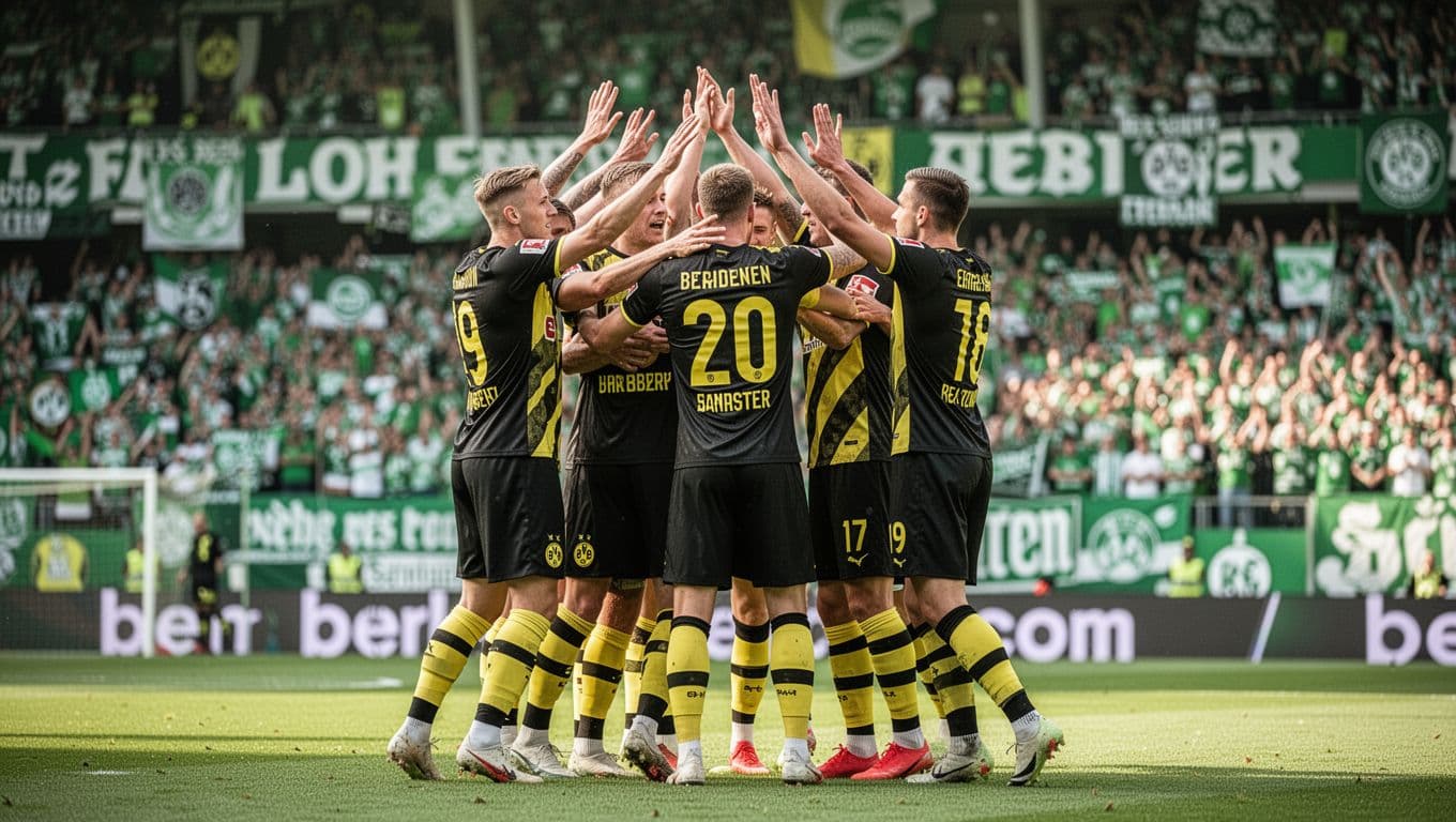 Five Borussia Dortmund players in black and yellow jerseys huddle with arms raised celebrating a goal at Weserstadion amid green and white fans.