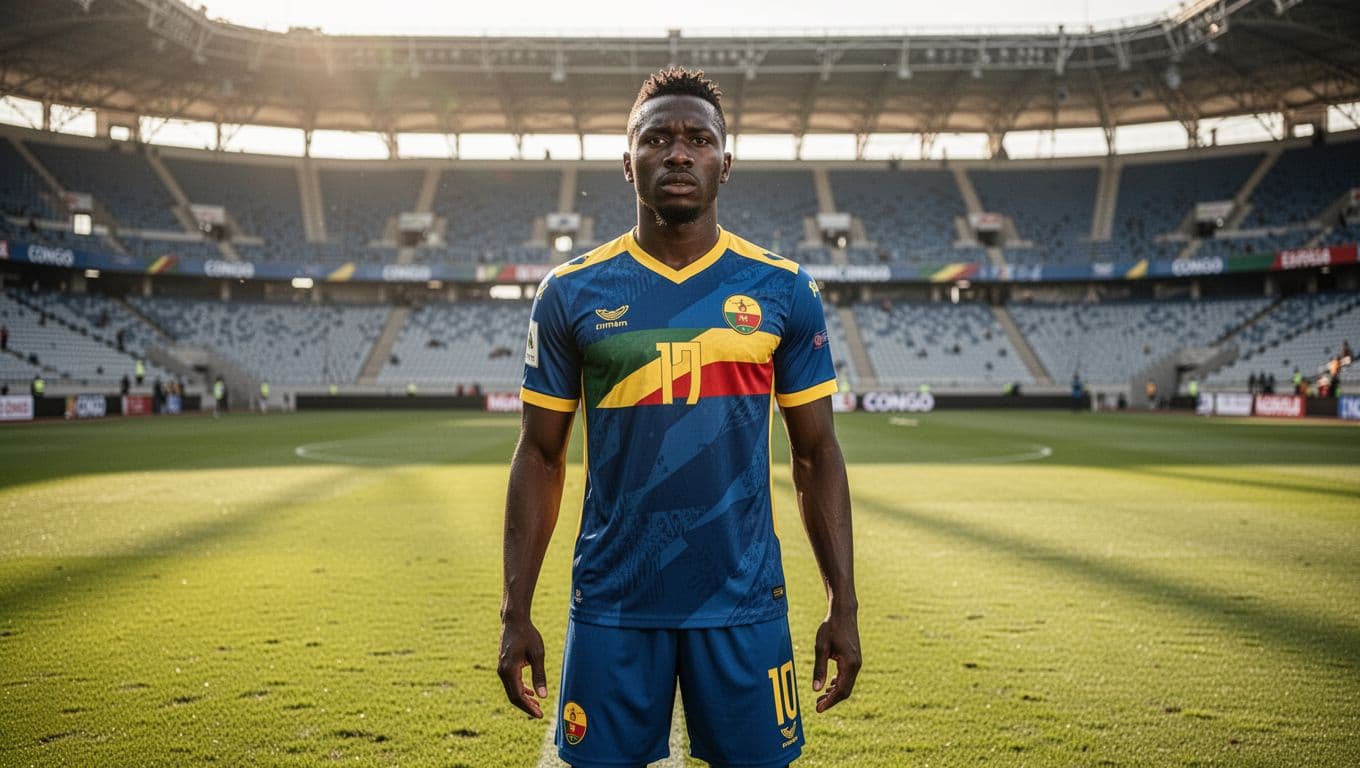 A DR Congo national team midfielder in a blue and yellow kit stands on the football pitch.