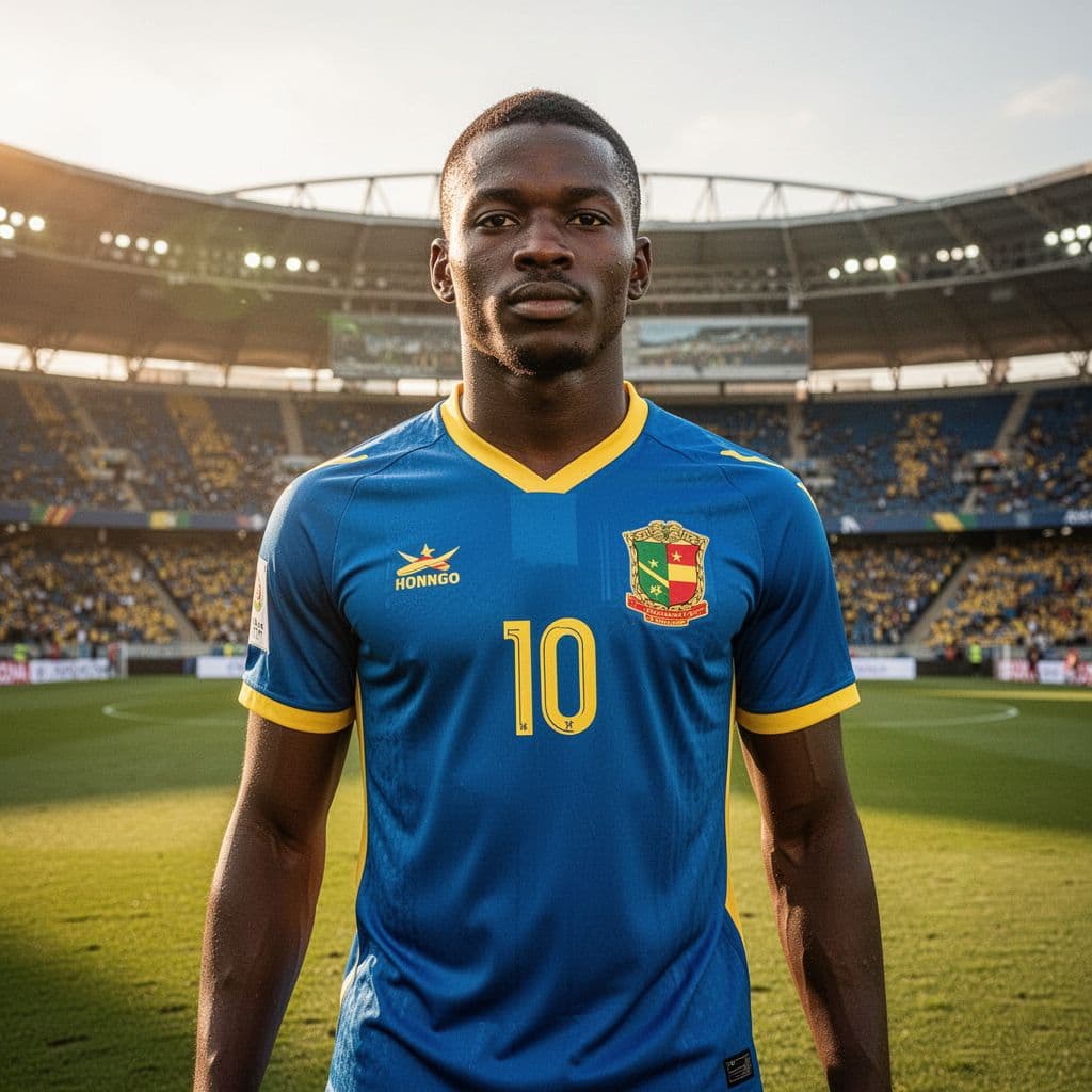 A confident male soccer player wears a blue and yellow DR Congo team jersey on a bright field.