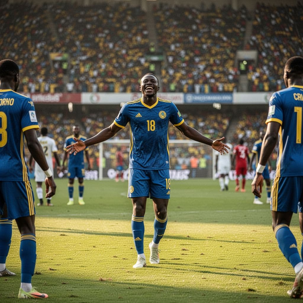 A DR Congo soccer player in a blue and yellow jersey celebrates joyfully on the pitch.