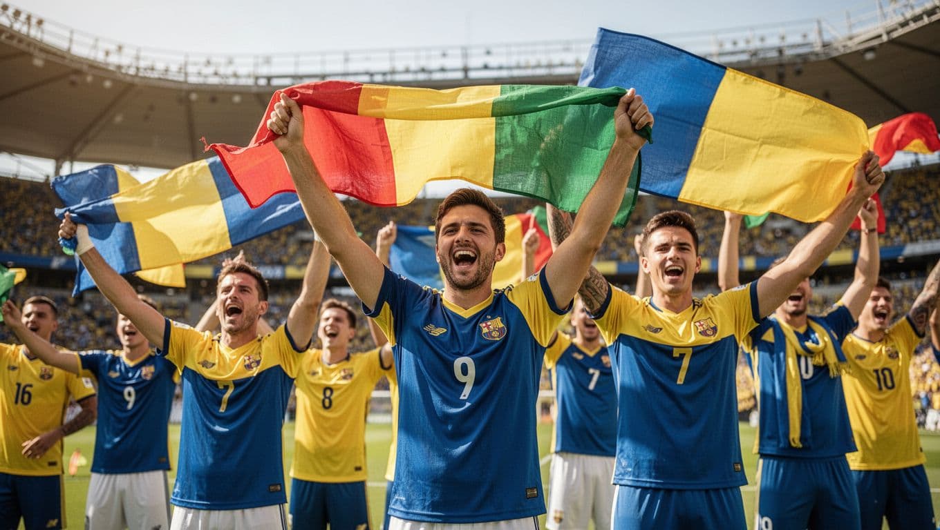 Four soccer fans in blue and yellow kits cheer and wave flags in a sunny stadium.