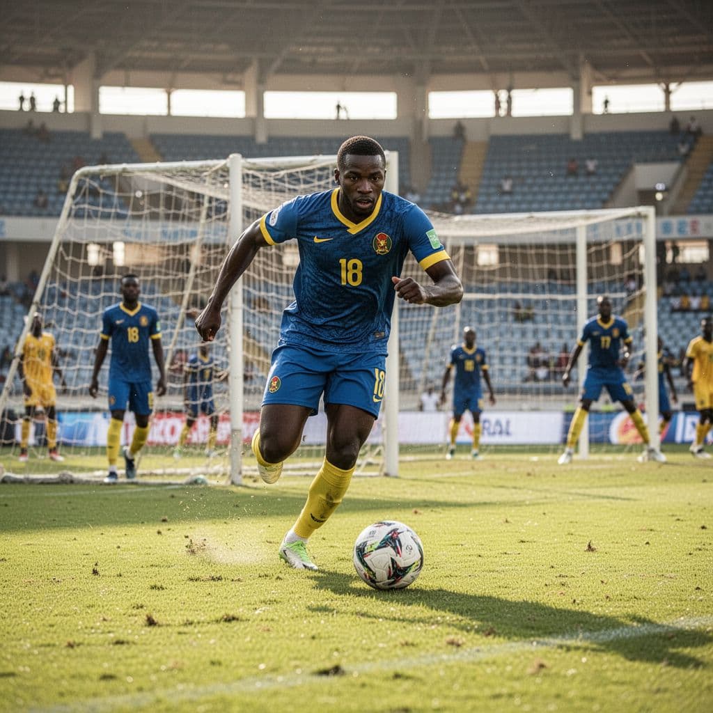A DR Congo soccer player in a blue and yellow kit sprints with the ball across a field.