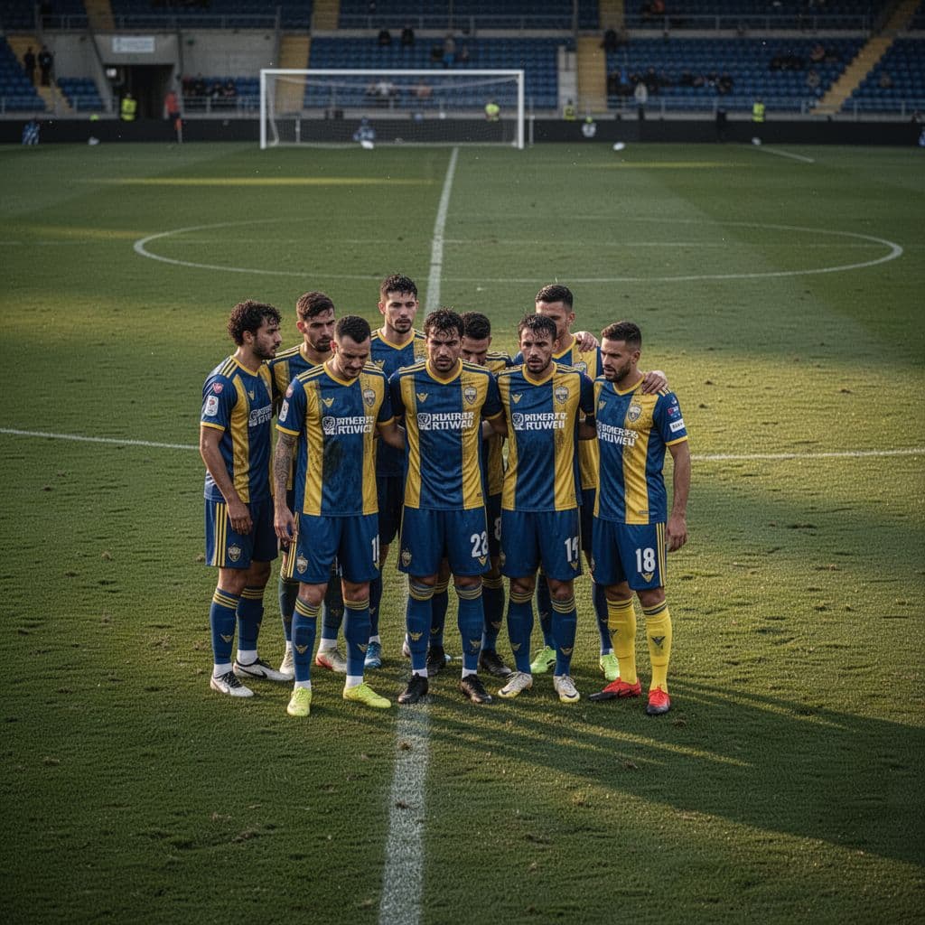 A group of soccer players in blue and yellow uniforms standing on a field after a match.