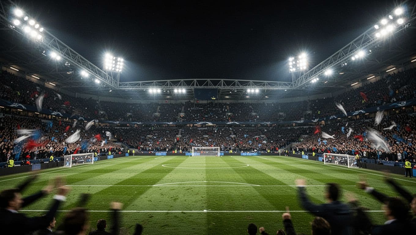An empty, illuminated professional football pitch sits inside a stadium packed with spectators under bright floodlights.