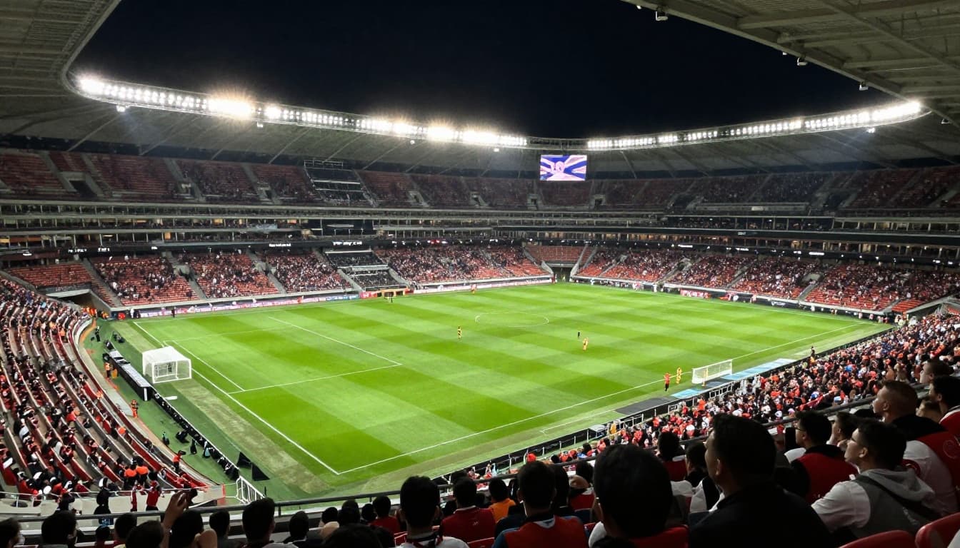 Bright floodlights illuminate a green pitch inside a crowded football stadium during a night match.