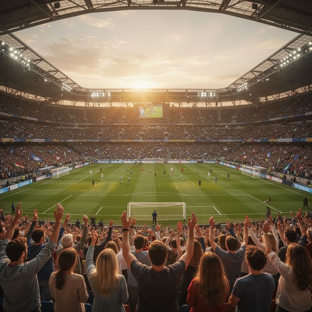 A wide view of a crowded stadium during a warm sunset at the season finale.