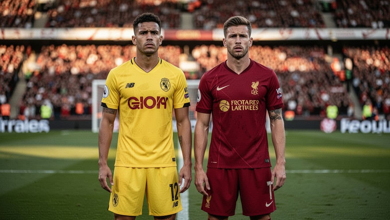 Dua pemain profesional berseragam merah dan kuning berdiri berhadapan di tengah lapangan stadion. Ekspresi wajah mereka menunjukkan konsentrasi mendalam dengan latar belakang tribun penonton yang tampak samar tertutup cahaya matahari sore.