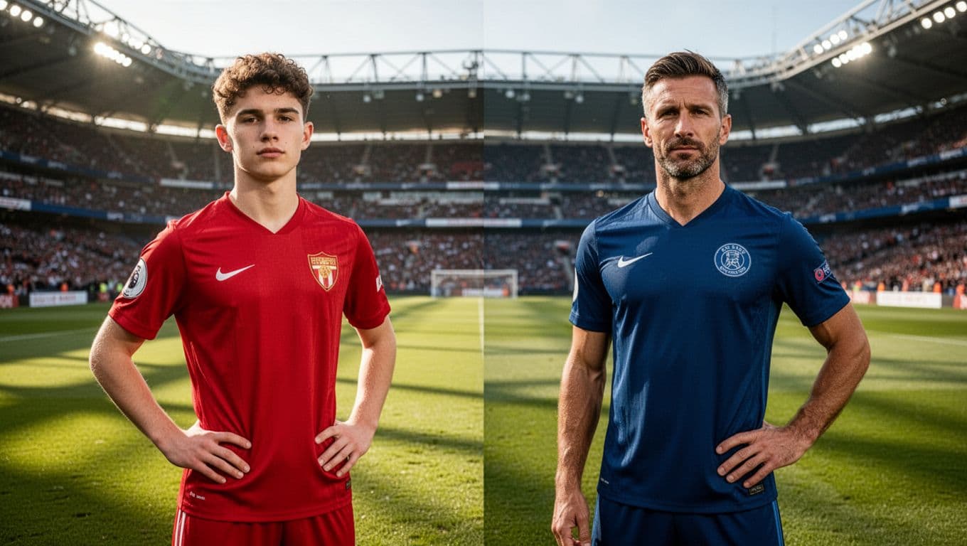 Seorang pemain muda mengenakan jersey merah berdiri di samping pemain veteran berbaju Portugal di lapangan rumput hijau yang luas. Pencahayaan sinematik menyoroti postur tubuh kedua atlet yang berdiri megah dalam stadion besar.