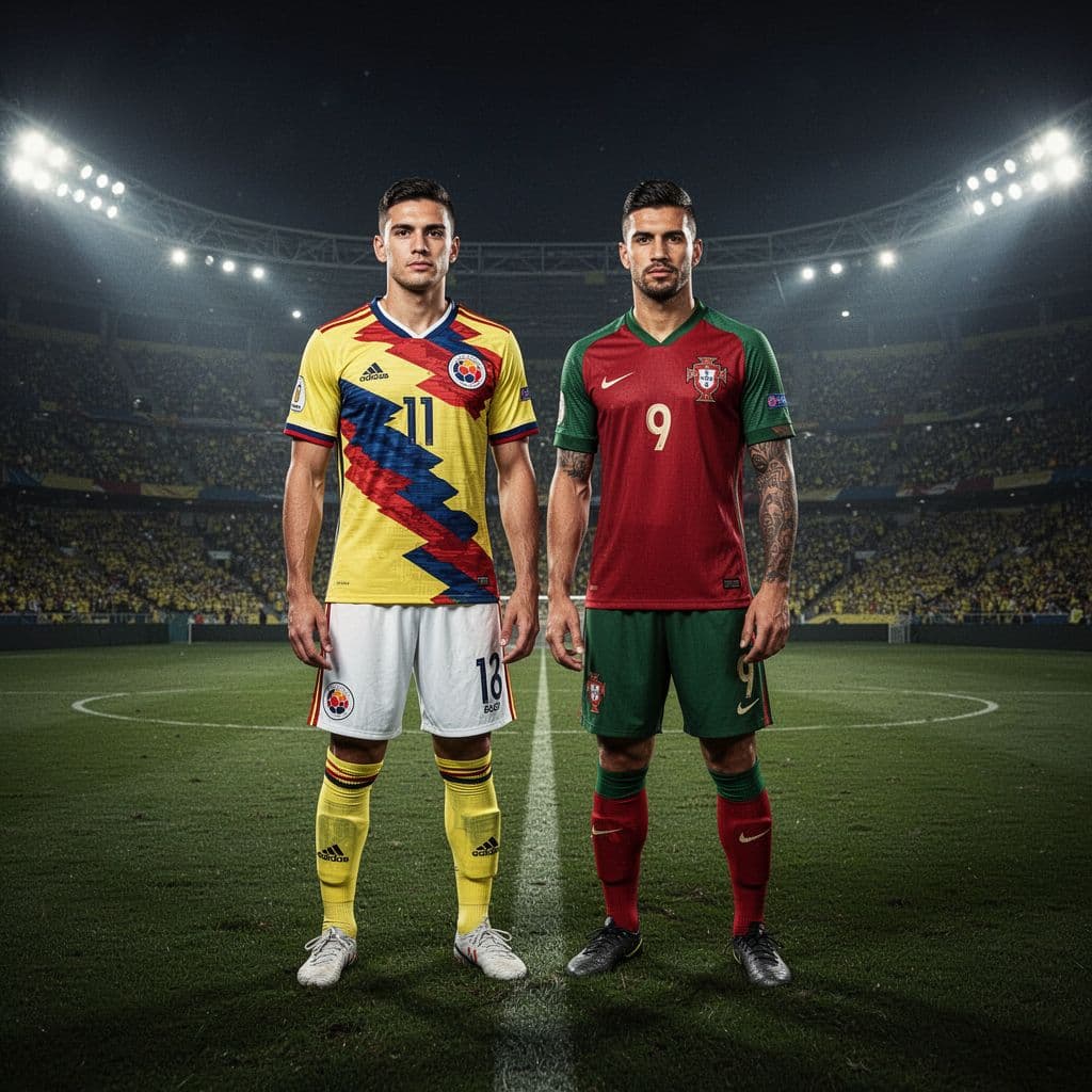 Dua pemain profesional mengenakan seragam timnas Kolombia dan Portugal saling berhadapan di tengah lapangan rumput stadion. Pencahayaan lampu stadion yang megah menciptakan bayangan dramatis pada profil wajah dan postur tubuh mereka.